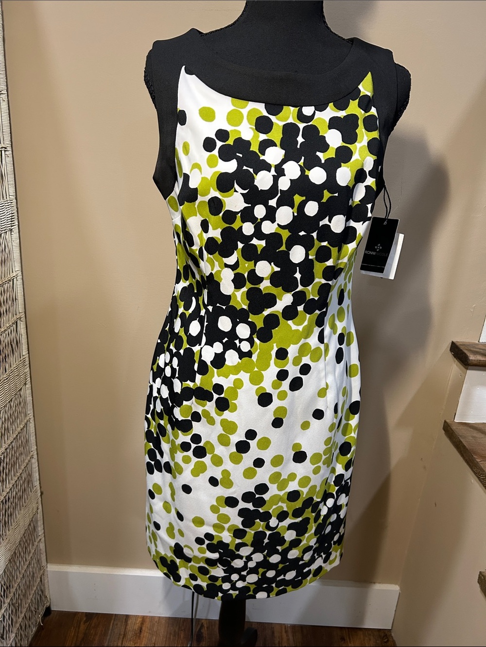 NWTS! Ronni Nicole 6 Sleeveless Dot-Print Sheath Dress in Lime Green & Black